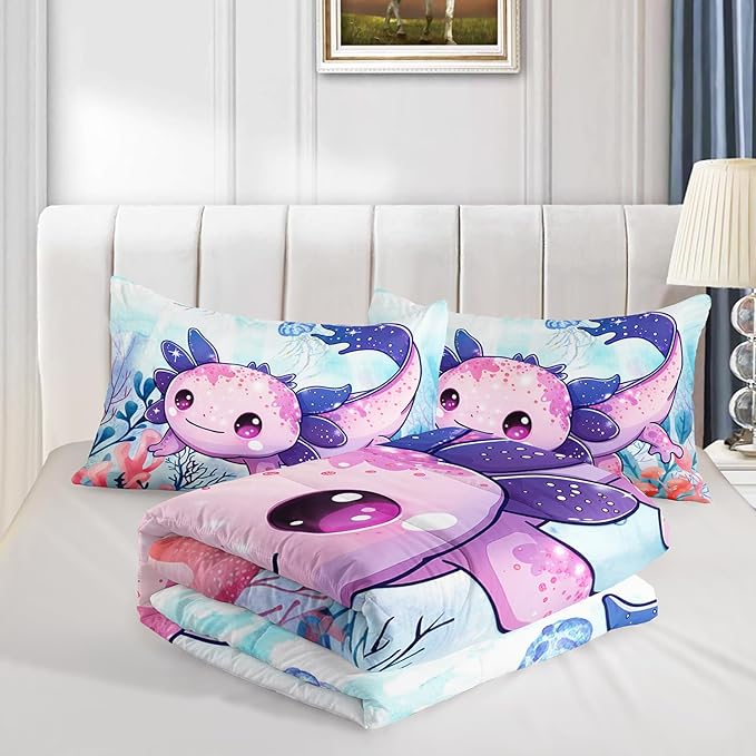 Cute Axolotl Bedding Set Queen Size,Color Axolotl Waterweed Jellyfish Pattern Toddler Bed Comforter Set,Kawaii Ocean Life Bedding Sets for Kids Boys Girls Room Decor with 2 Pillowcases.