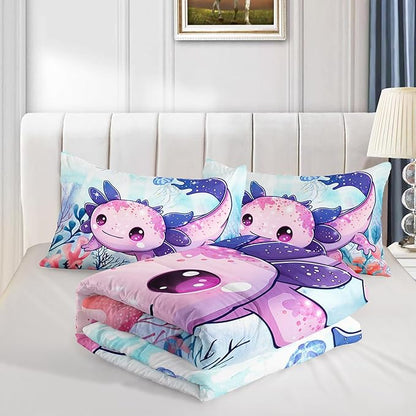 Cute Axolotl Bedding Set Queen Size,Color Axolotl Waterweed Jellyfish Pattern Toddler Bed Comforter Set,Kawaii Ocean Life Bedding Sets for Kids Boys Girls Room Decor with 2 Pillowcases.