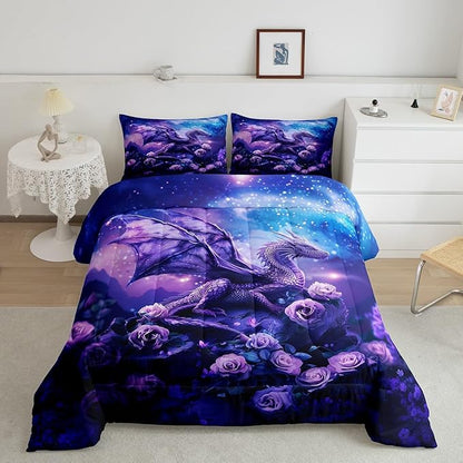 Dragon Comforter Set King Size,Purple Nebula Galaxy Bedding Set for Kids Boys Girls Room Decor,Starry Sky Rose Flower Duvet Insert 3Pcs,Western Magical Dragon Microfiber Quilt Set,2 Pillowcases