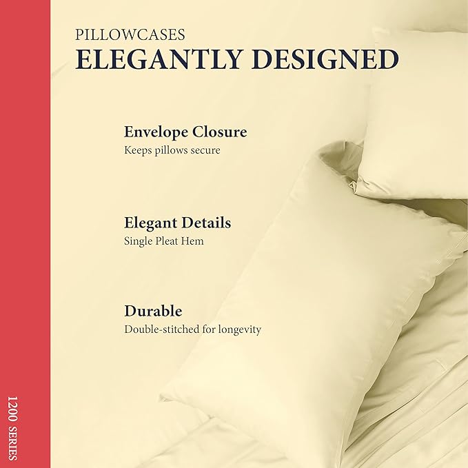 Ashton Sheets 100% Egyptian Cotton Pillow Cases Standard/Queen Size Set of 2 - Luxury 1200 Thread Count Sateen Beige Pillow Cases, Silky Soft Cotton Pillowcases Fits Standard & Queen Size Pillows
