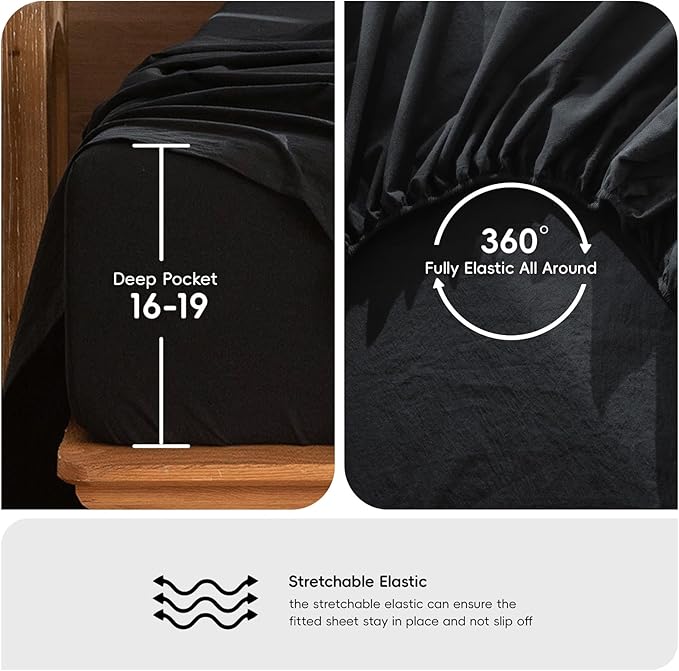 MooMee Bedding Sheet Set 100% Washed Cotton Linen Like Textured Breathable Durable Soft Comfy (Solid Black, Twin XL)