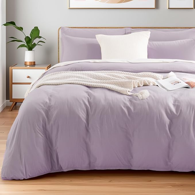 NEXHOME PRO Duvet Cover Set 100% Washed Cotton Super King 108"x98", Organic Natural Linen Look Textured 3 Pieces Bedding Set Lavender Lilac with Zipper Closure, Breathable and Soft (No Comforter)