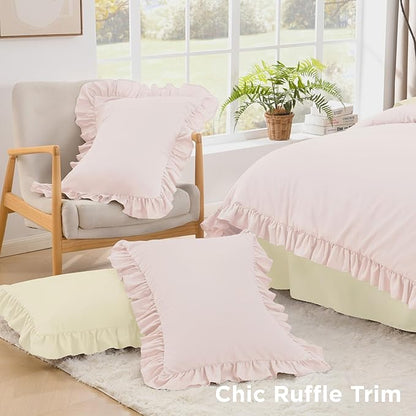Litanika Light Pink Twin Size Comforter Sets, 2 Pieces Ruffle Farmhouse Aesthetic Bedding Comforter Sets, All Season Soft Lightweight Fluffy Microfiber Bed Set(66x90In Comforter, 1 Pillowcase)