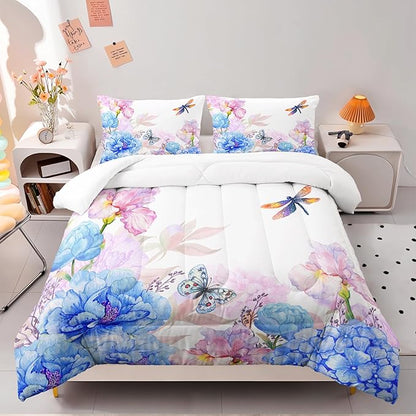 Blue and Pink Flower Comforter Set Queen Dragonfly Butterfly Bedding Sets 3PCS for Kids Teen Adult Floral Room Decor Ultra-Soft Lightweight Microfiber 1 Comforter with 2 Pillowcases