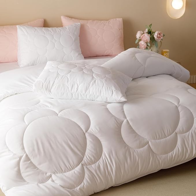 karever KAREVER White Flower Comforter Queen White Sunflower Print Bed Queen Comforter Set 3 Pieces White Floral Comforter Set for Women Girls Bedroom Decor All Season Hotel Quality Comforter Set