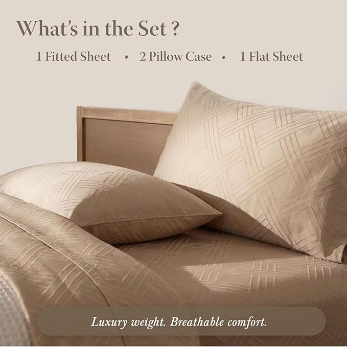 Threadmill King Size Sheets for King Mattress | 800 Thread Count Jacquard Celine Light Beige | Better Than Egyptian Cotton | 4 Pc Bed Sheets | Damask Sheet Fits 16'' Deep Pocket | 100% Cotton Sheets