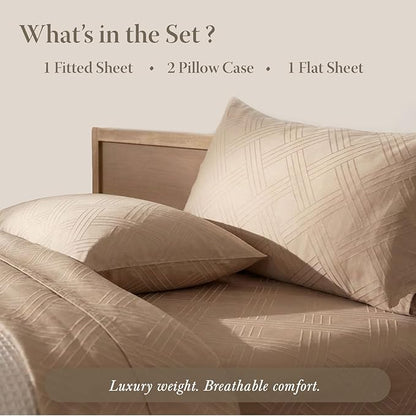 Threadmill Queen Sheet Set for Queen Mattresses | 800 Thread Count Jacquard Celine Light Beige | Better Than Egyptian Cotton | 4 Pc Bed Sheets | Elasticized Deep Pocket | 100% Cotton Queen Sheets