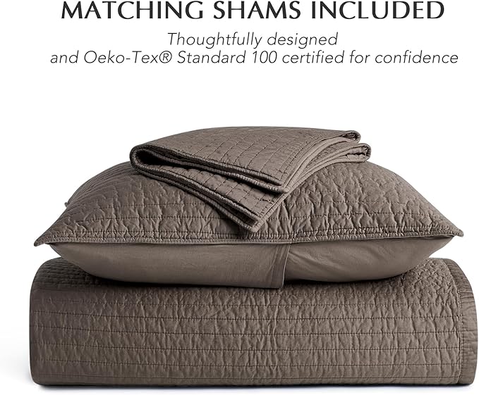 EVERGRACEHOME Cotton Sateen Quilt Set King Size, Pre-Washed Cotton Channel Stitch Coverlet Bedspread, 3 Pieces Lightweight Soft Bedding Sets for All Season, with 2 Pillow Shams, Mocha Brown