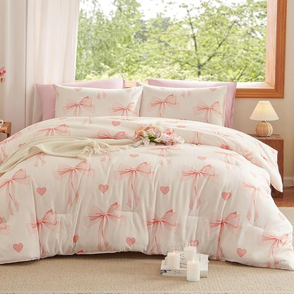 Pink Bow Comforter Set Queen Size - 3 Pieces Pink White Heart Comforter Bedding Sets Reversible Pattern,Queen Bed in a Bag for Girls Comforter and 2 Pillowcases