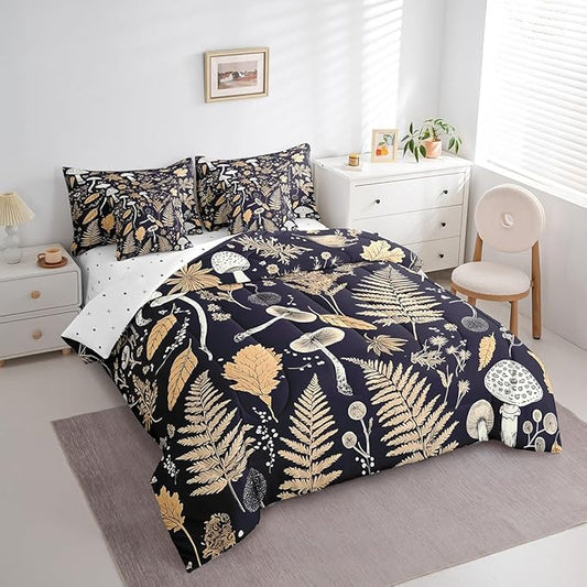 Retro Jungle Leaves Comforter Set 7 Piece,Rustic Mushroom Botanica Bed Set,Vintage Farmhouse Decor Bedding Bed in a Bag,King (1 Comforter,2 Pillowcase,2 Pillow Covers,1 Flat Sheet,1 Fitted Sheet)