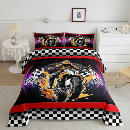 Feelyou Dirt Bike Comforter Set Full Size Flag Comforter for Boys Girls Teens Racing Motocross Rider Bedding Set Extreme Sports Duvet Set Room Decor Black Purple Quilt Set
