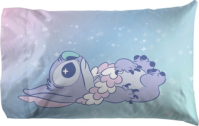 Jay Franco Disney Lilo & Stitch Full Size Sheet Set - 4 Piece Kids Bedding Includes Fitted Sheet, Flat Sheet & 2 Pillowcases - Ultra-Soft Brushed Microfiber, White Floral Stitch & Angel Design