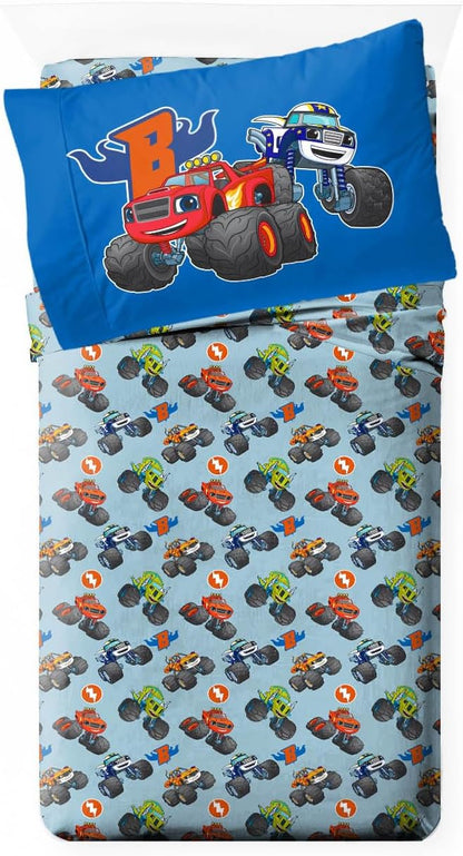 Jay Franco Kids Comforter Set Includes Sheets and Pillow Covers - Soft and Cozy Bed Set for Stylish Room Decor, Blue - Blaze and The Monster Machines, 4 Piece Toddler Size Bedding
