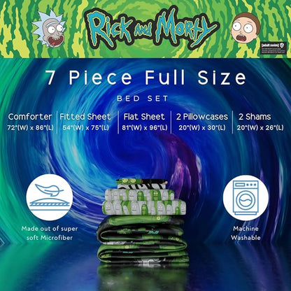 Rick & Morty Bedding 7 Piece Super Soft Cozy Reversible Comforter and Sheet Set with Sham, Full, (Officially Licensed Product) By Franco