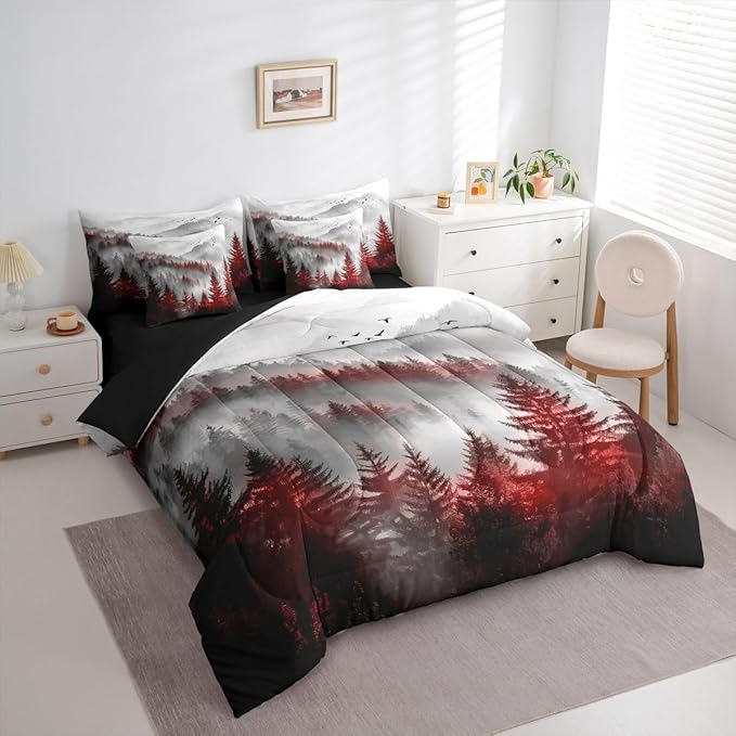 Erosebridal Foggy Mountain Full Bed in A Bag 7 Piece Green Forest Pine Tree Comforter Set with Sheets Nature Misty Woodland Bedding Sets for Kids Adults,Flying Bird Bed Set