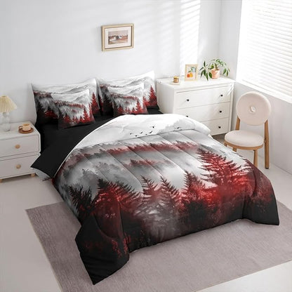 Erosebridal Foggy Mountain Full Bed in A Bag 7 Piece Green Forest Pine Tree Comforter Set with Sheets Nature Misty Woodland Bedding Sets for Kids Adults,Flying Bird Bed Set