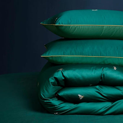 mixinni Dark Green Duvet Cover King Size, 100% Long Staple Cotton Honeybee Floral Pattern 3pc Bedding Duvet Cover Set with Zipper Ties 2 Pillowcases Perfect for Him and Her-King Size