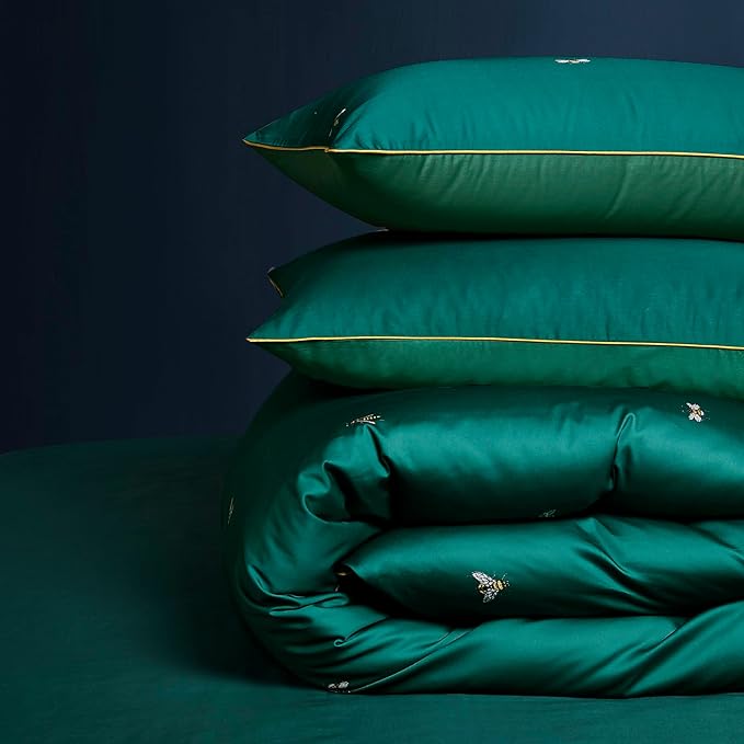 mixinni Dark Green Duvet Cover Queen Size, 100% Long Staple Cotton Honeybee Floral Pattern 3pc Bedding Duvet Cover Set with Zipper Ties 2 Pillowcases Perfect for Him and Her-Queen Size