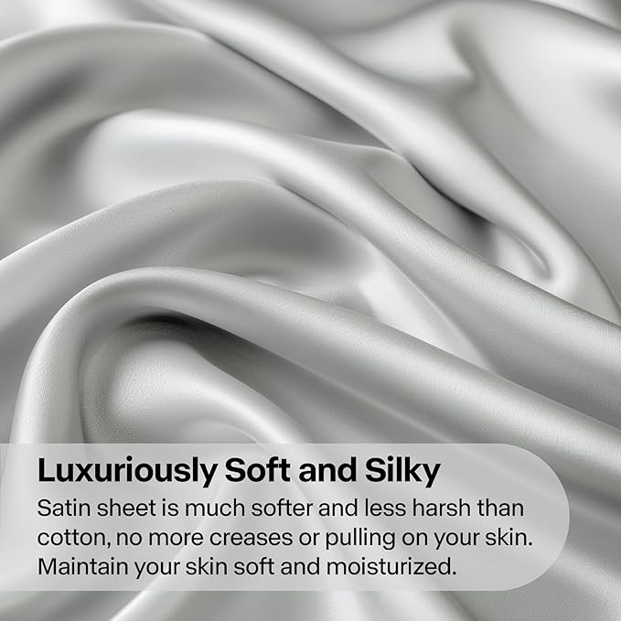 BEDELITE King Size Sheets Set, Luxury Soft Grey Satin Sheets for Hair and Skin, Similar to Silk Bed Sheets Set 4 Pieces with 1 Deep Pocket Fitted Sheet, 1 Flat Sheet, and 2 Pillowcases