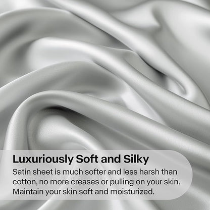 BEDELITE King Size Sheets Set, Luxury Soft Grey Satin Sheets for Hair and Skin, Similar to Silk Bed Sheets Set 4 Pieces with 1 Deep Pocket Fitted Sheet, 1 Flat Sheet, and 2 Pillowcases