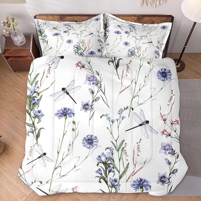 King Size Comforter Set with 2 Pillowcases, Summer Flower Painting Dragonfly Floral Soft 3 Pcs Bedding for Kids and Adults Bedroom Bed Decor