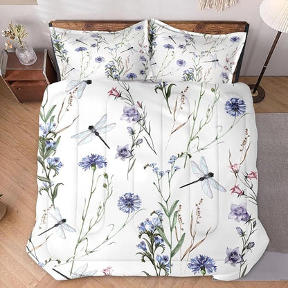 King Size Comforter Set with 2 Pillowcases, Summer Flower Painting Dragonfly Floral Soft 3 Pcs Bedding for Kids and Adults Bedroom Bed Decor