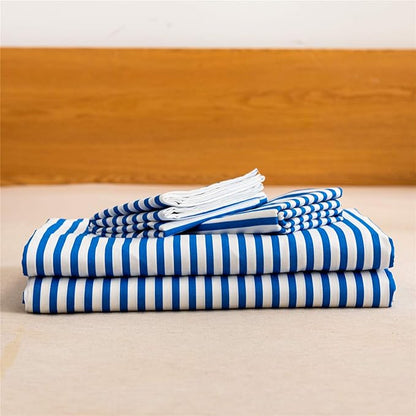 JELLYMONI 100% Natural Cotton 3pcs Striped Duvet Cover Sets,White Duvet Cover with Blue Stripes Pattern Printed Comforter Cover,with Zipper Closure & Corner Ties(Queen Size)