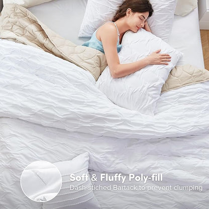 Comfort Spaces Comforter for Queen Size Bed, Ogee Ruched with Crinkle Texture, Breathable Comforter Set Queen, All Season Lightweight Bedding Set, Shams, Décor Pilow, Full/Queen White 4 Piece