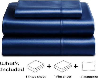 Pure Bedding Satin Sheets Twin [3-Piece, Navy] Hotel Luxury Silky Bed Sheets - Extra Soft 1800 Microfiber Sheet Set, Wrinkle, Fade, Deep Pocket Fitted Sheet, Flat Sheet, Pillow Cases