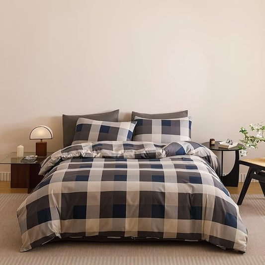 Houseri Blue Plaid Comforter Set Queen Vintage Grid Bedding Sets