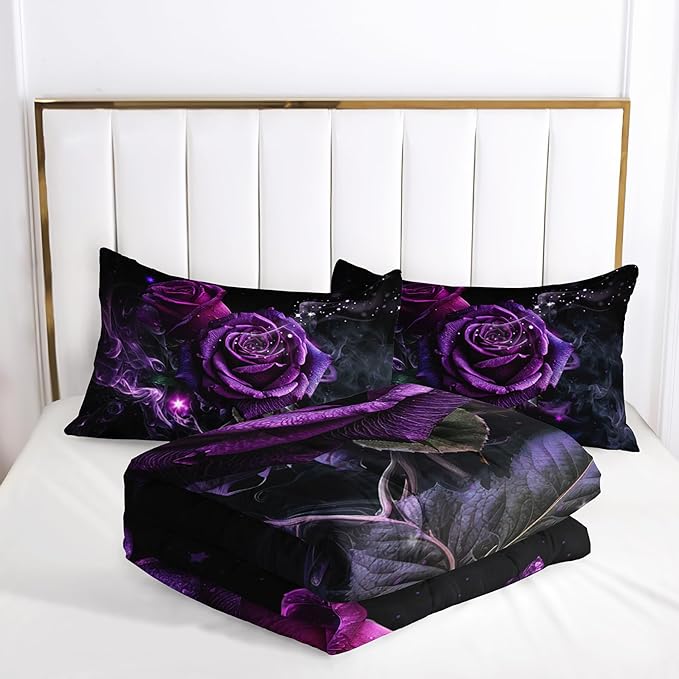 Purple Rose King Size Comforter Set - King Quilt Bedding Set with Flower Pattern for Women's Bedroom Decor