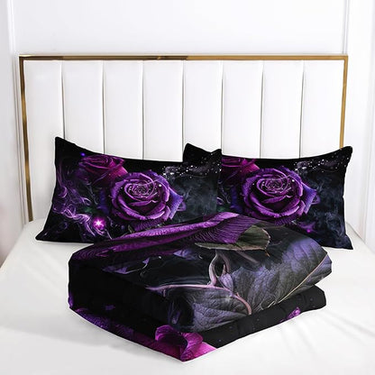 Purple Rose King Size Comforter Set - King Quilt Bedding Set with Flower Pattern for Women's Bedroom Decor