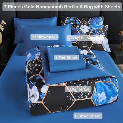 ANGIYUIN 7 Pieces Blue Black Marble Queen Bed in A Bag White Flowers Comforter Sets Gold Geometric Honeycomb Bedding Sets for Women Men