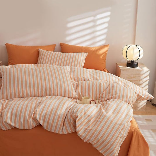 EAVD Vintage Orange Striped Comforter Set Full Soft 100% Washed Cotton White and Orange Vertical Striped Bedding Set with 2 Pillowcases Retro Geometric Pattern Comforter Set for All-Season