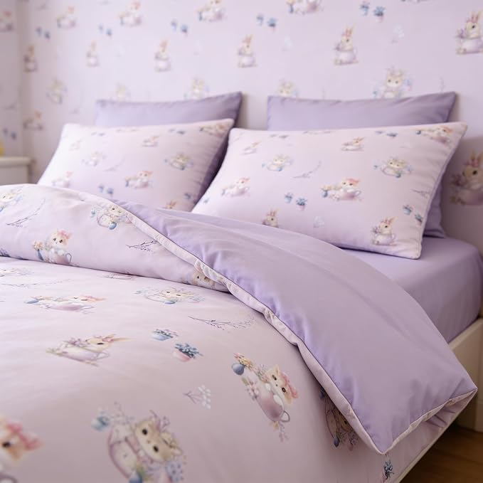 Taro Purple Priness Comforter Set Full Size for Girls, 3Pcs Botanical Floral Bedding for Girly Bedroom Decor, Cute Cat Kitten Comforter Set with 2 Pillowcases, 79"x90"