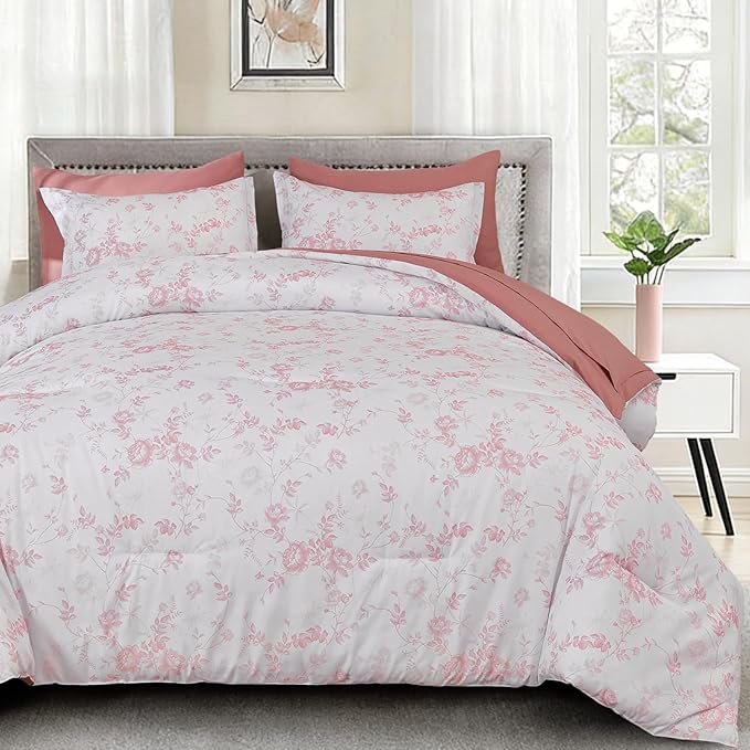 Luxudecor Floral King Comforter Set 7 Pieces Bed in a Bag, Blush Pink Rose Romantic Flower Bed Set, Soft Reversible Comforter with Sheet Set 104"x90"