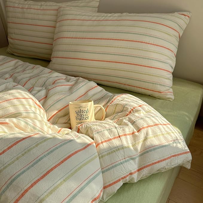 EAVD Vintage Colorful Striped Comforter Set Queen Soft Cotton 3-Piece Retro Vertical Striped Bedding Set with 2 Pillowcases Boho Geometric Comforter Set for All-Season(Orange&Yellow&Green, Queen)