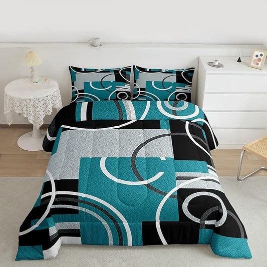 Modern Turquoise Decor Comforter Full Geometric Circles Gird Bedding Set For Boys Girls Kids Teens Adult Black Grey Down Comforter Stripe Swirls Duvet Set Modern Graphic Texture Quilted Comforter