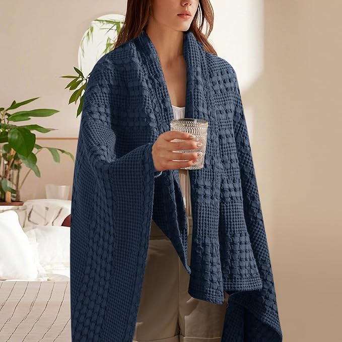 PHF 100% Cotton Waffle Weave Throw Blanket, Soft Lightweight Breathable Cozy Throws for Couch Bed Sofa, Luxury Aesthetic Blanket Gift for Home Decor & Office, 50"x60", Indigo