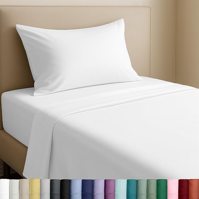 California Design Den Twin Sheets Set - Natural 100% Cotton Sheets with 12" Pockets, Soft Sateen Weave, Breathable and Durable Bedding Set for Dorm Rooms, College (White)
