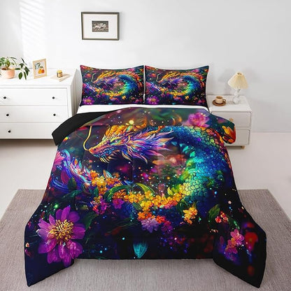 Feelyou Dragon Comforter Set Queen Size Flower Dragon Comforter for Boys Girls Teens Wild Life Bedding Set Dragon Decor Duvet Set Room Decor Clorful Quilt Set