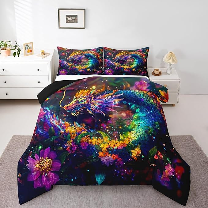 Feelyou Dragon Comforter Set King Size Flower Dragon Comforter for Boys Girls Teens Wild Life Bedding Set Dragon Decor Duvet Set Room Decor Clorful Quilt Set