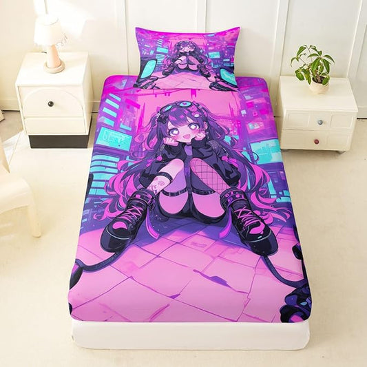Erosebridal Fashion Girls Twin Bed Sheets Japanese Girl Fitted Sheet,Girly 3D Gaming Kids Bedding Sets Fashion Pink Coquette Sheets with 1 Pillowcase