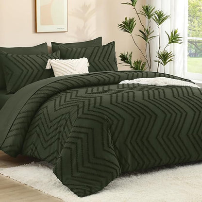 Litanika Full Size Comforter Sets with Sheets Dark Olive Green - 7 Pieces Bed in a Bag Full Chevron Tufted Complete Bedding Sets with Comforter, Sheets, Pillowcases & Shams