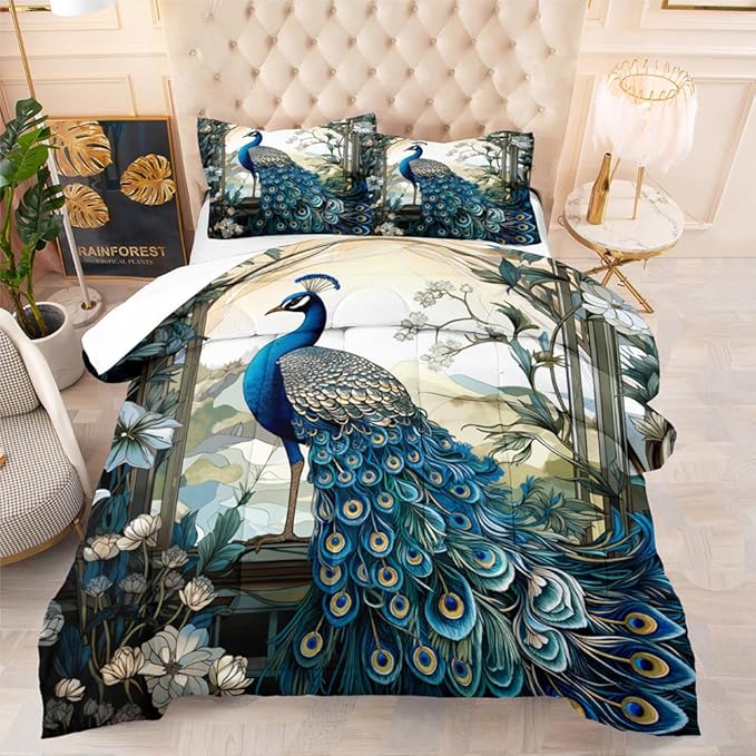 Blue Peacock Comforter Set King Size Bird and Floral Bedding Set Animal Feather Bedding Sets Victorian Style Flower Birds Comforters Soft Down Alternative Comforter Sets for All Season