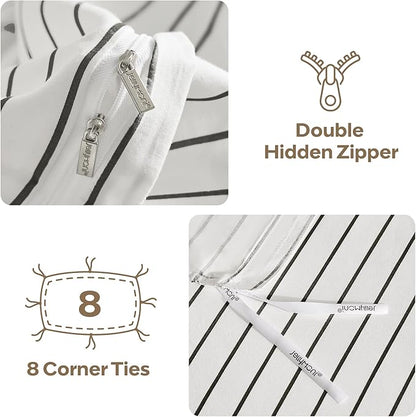 JELLYMONI 100% Natural Cotton 2pcs Striped Duvet Cover Sets, White Duvet Cover with Thin Black Stripes Pattern Printed Comforter Cover, with Zipper Closure & Corner Ties(Twin Size)