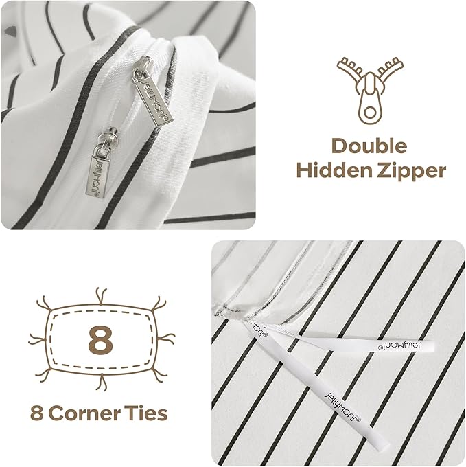 JELLYMONI 100% Natural Cotton 3pcs Striped Duvet Cover Sets, White Duvet Cover with Thin Black Stripes Pattern Printed Comforter Cover, with Zipper Closure & Corner Ties(King Size)