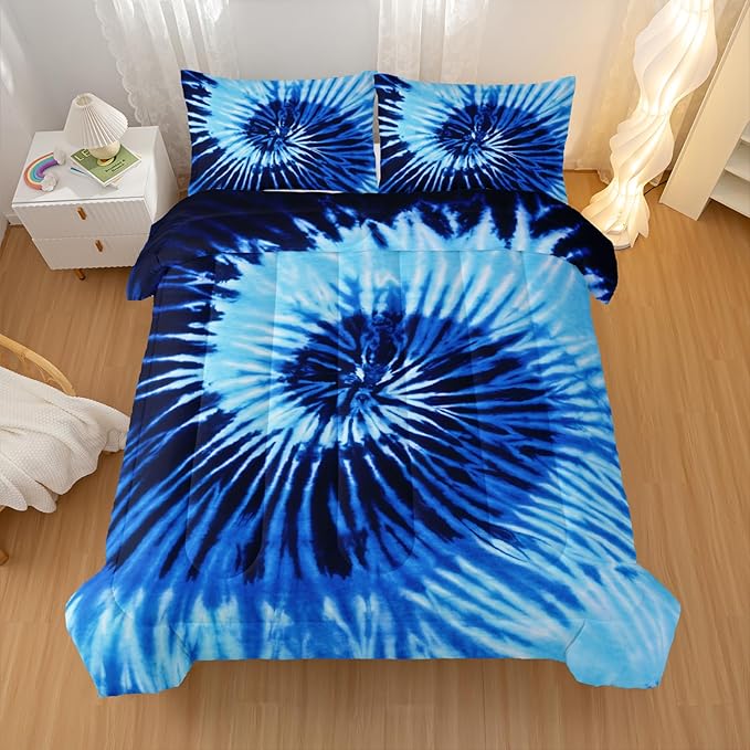 Blue Tie-dye Comforter Sets Twin Size,Abstract Modern Art Bedding Set for Your Room,Graffiti Soft Lightweight Quilted Set All Season 1 Comforter and 2 Pillowcases