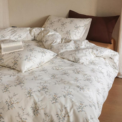 Floral Full Size Comforter Set 100% Cotton Down Alternative Bedding Set Boho Girls Farmhouse Vintage Bedding Comforter Sets Fluffy All Season Lightweight Women Bed Comforter with 2 Pillowcases
