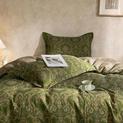 VM VOUGEMARKET Olive Green Duvet Cover Set King,Reversible Medallion Flower Print Bedding Set Linen Cotton Yarn-Dyed Textured Bohemian Duvet Cover with Zipper Closure-104 x90